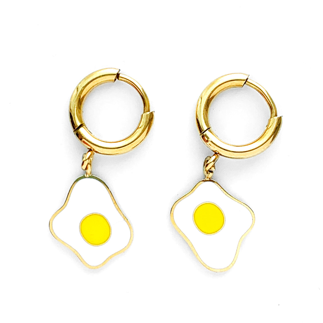 Sunny-side up eggs enamel charms on gold huggie hoop earrings