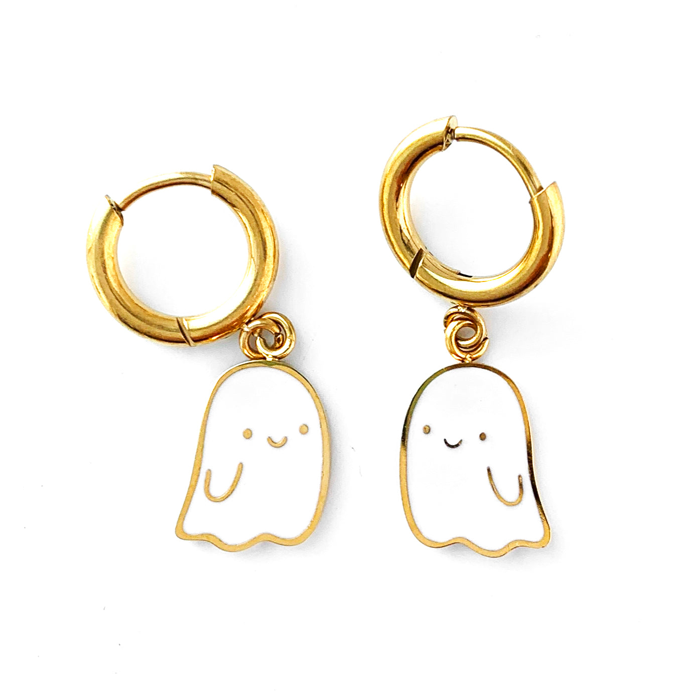 Small gold hoop earrings with charms of a smiling ghost