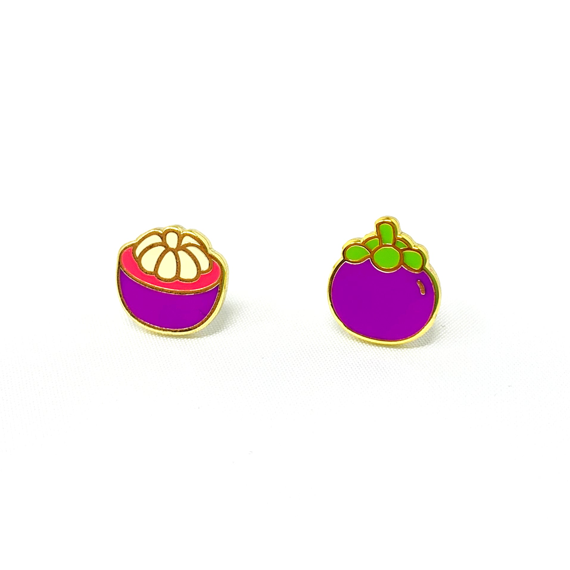 2 enamel earrings. One of a full mangosteen. One of a half cut open mangosteen.