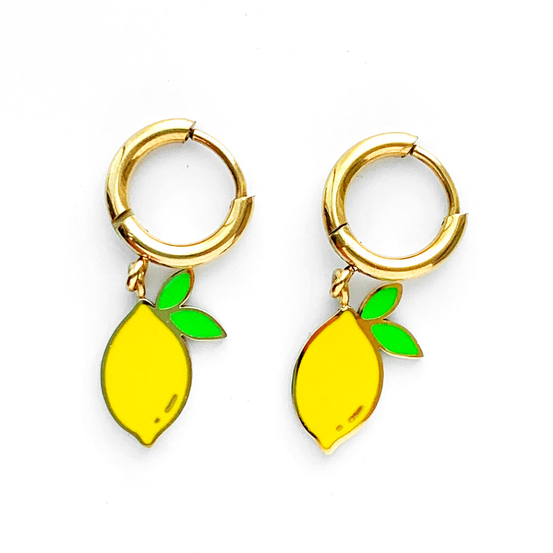 Lemons with 2 leaves enamel charms on gold huggie hoop earrings