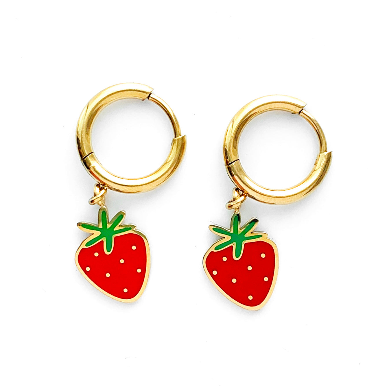 Strawberry enamel charms on gold huggie hoop earrings