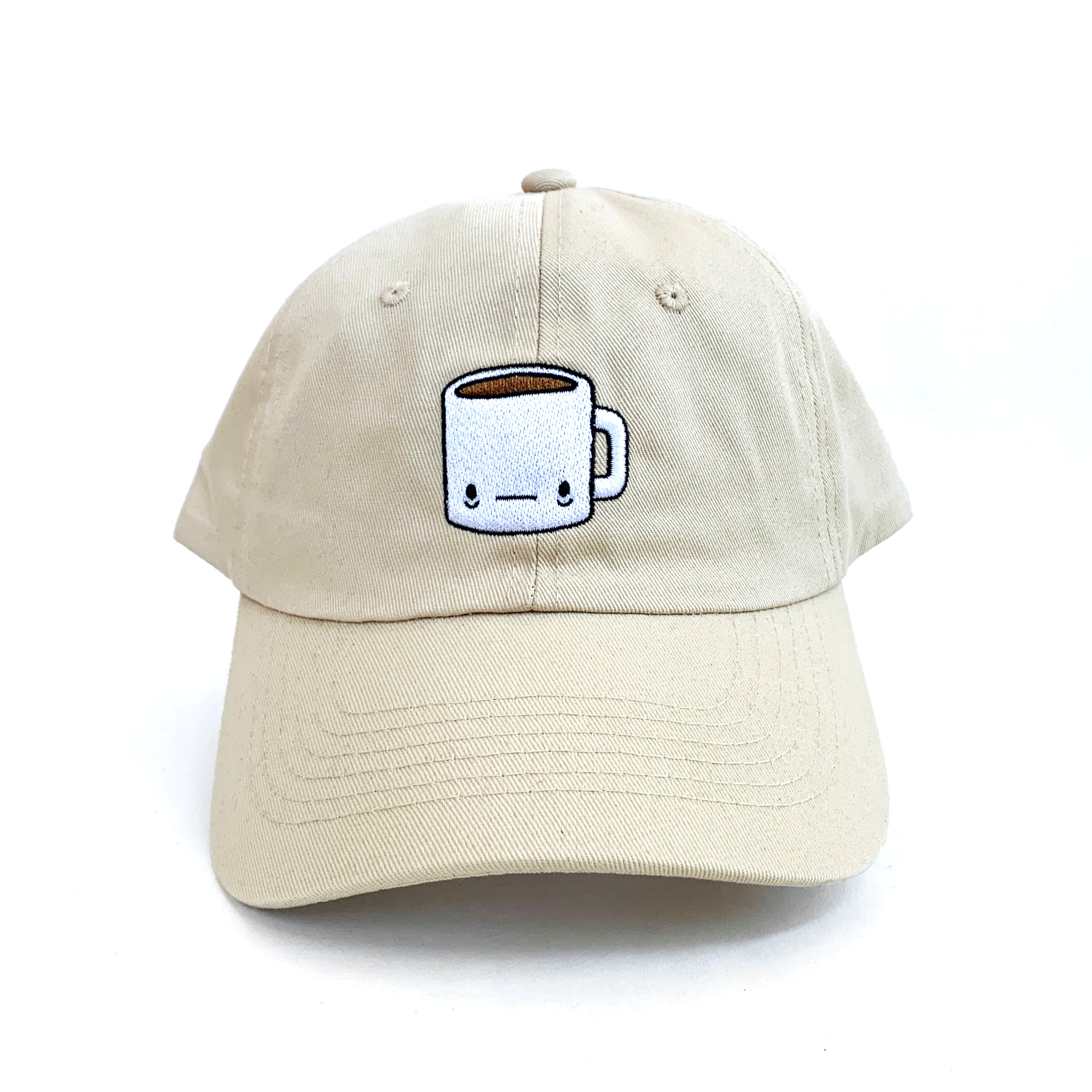 Beige baseball cap with a tired-looking coffee mug embroidered on the front.