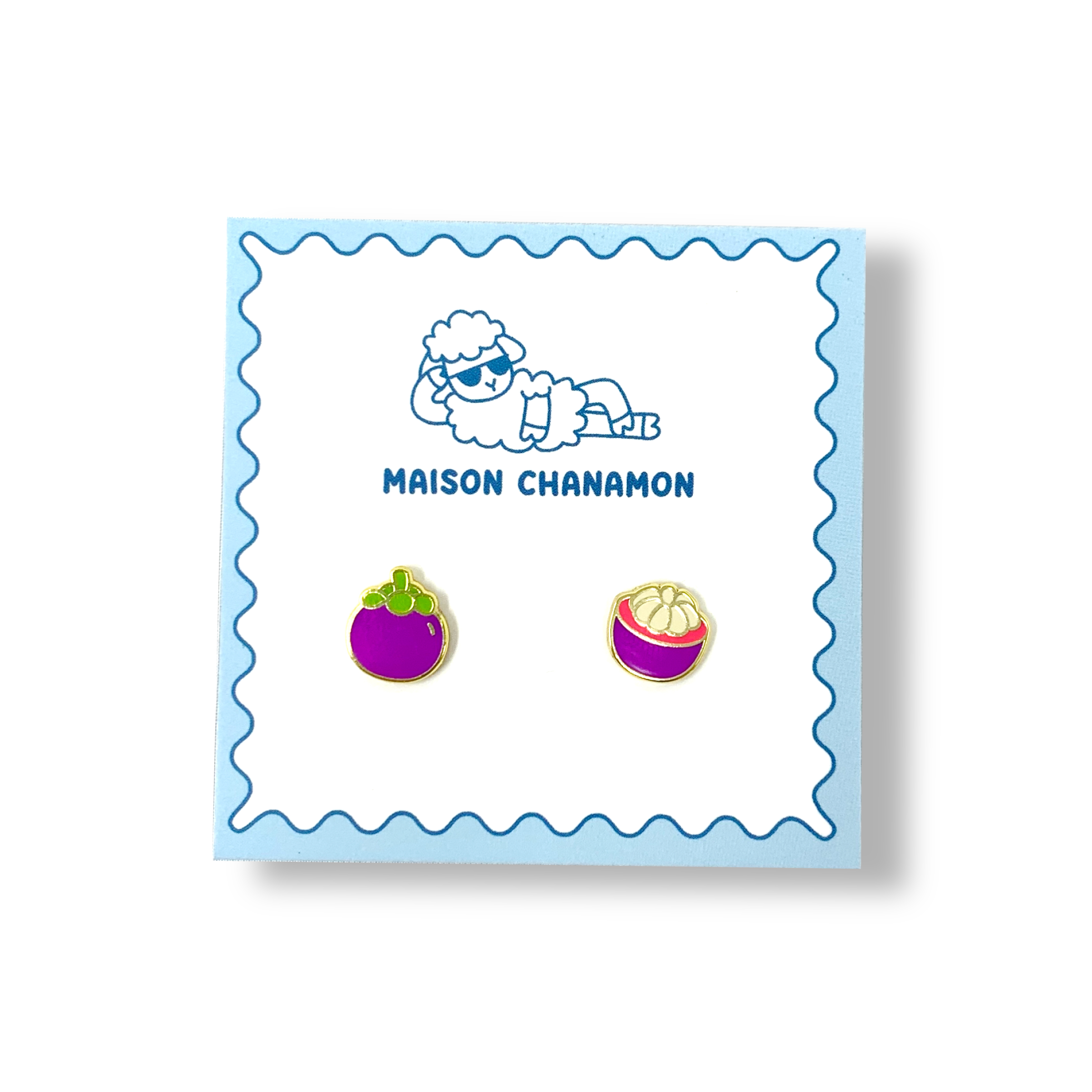mangosteen enamel earrings on a backing card