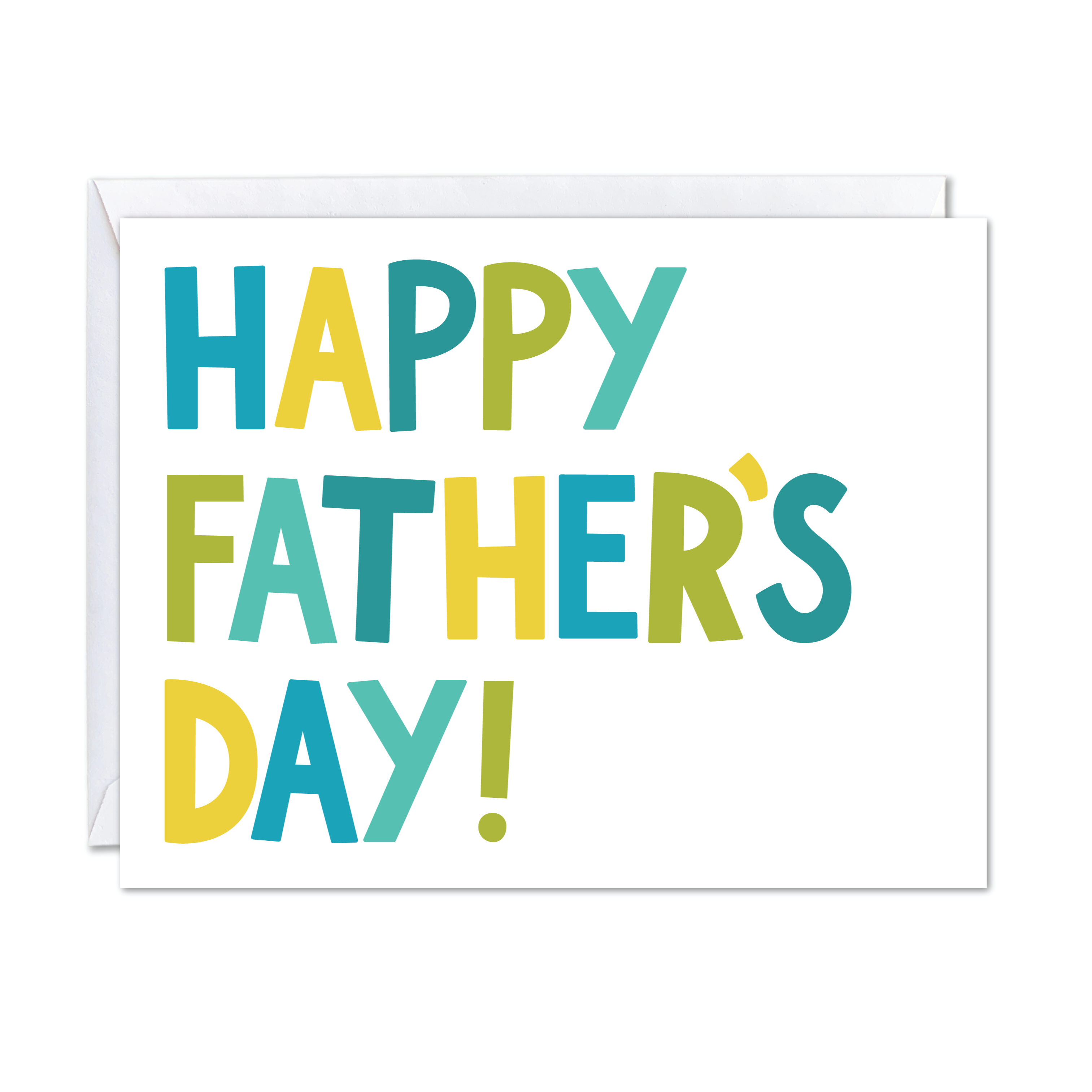 white greeting card with "happy Father's Day!" written in bold green and yellow words. Paired with a white envelope.