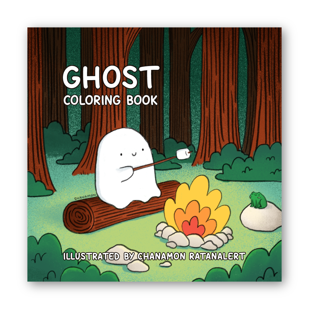 Cover of Ghost Coloring Book. Illustrated by Chanamon Ratanalert. Features an illustration of a ghost roasting a marshmallow in the woods.