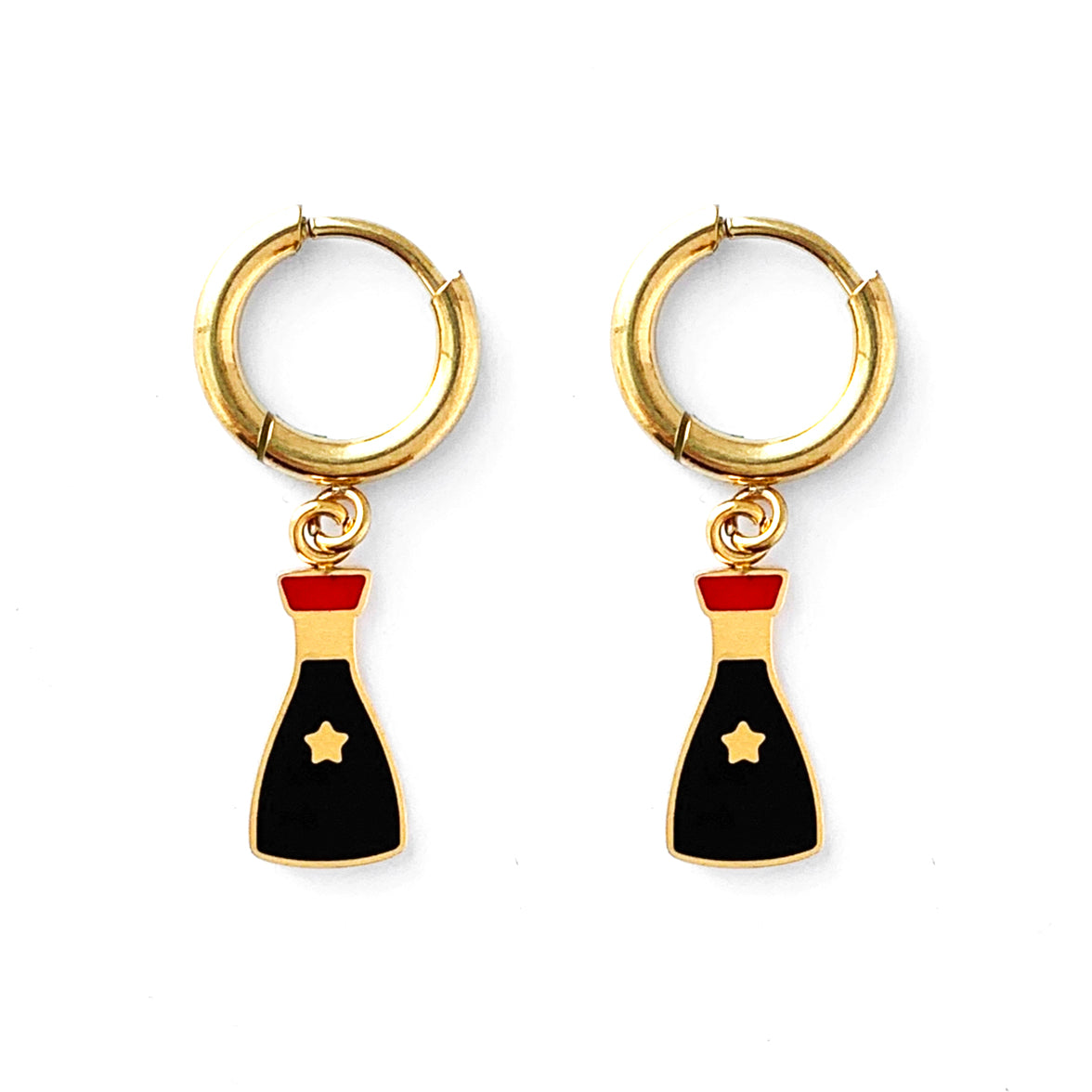 Small gold hoop earrings with charms of a soy sauce bottles 