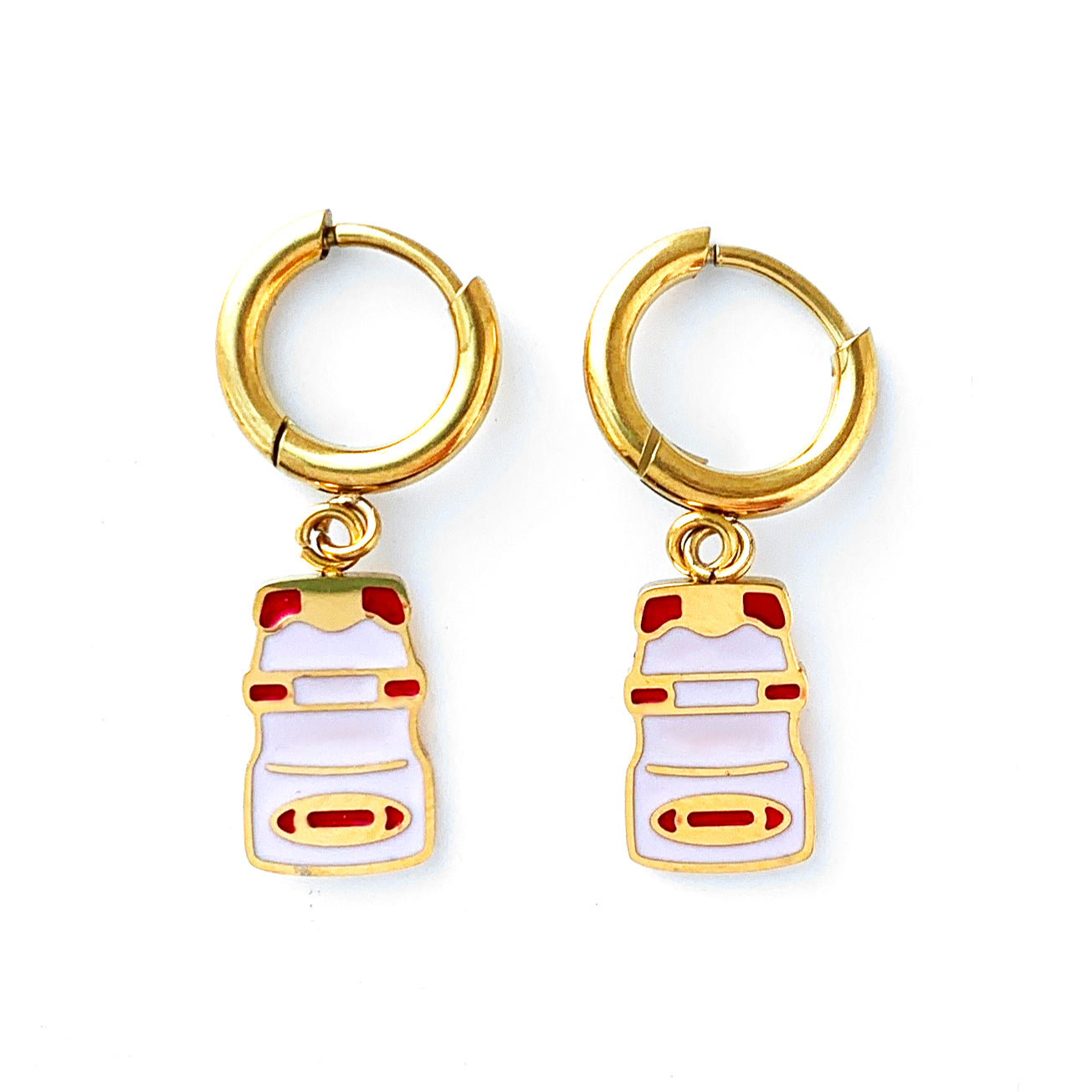 Small gold hoop earrings with charms of a yakult bottles