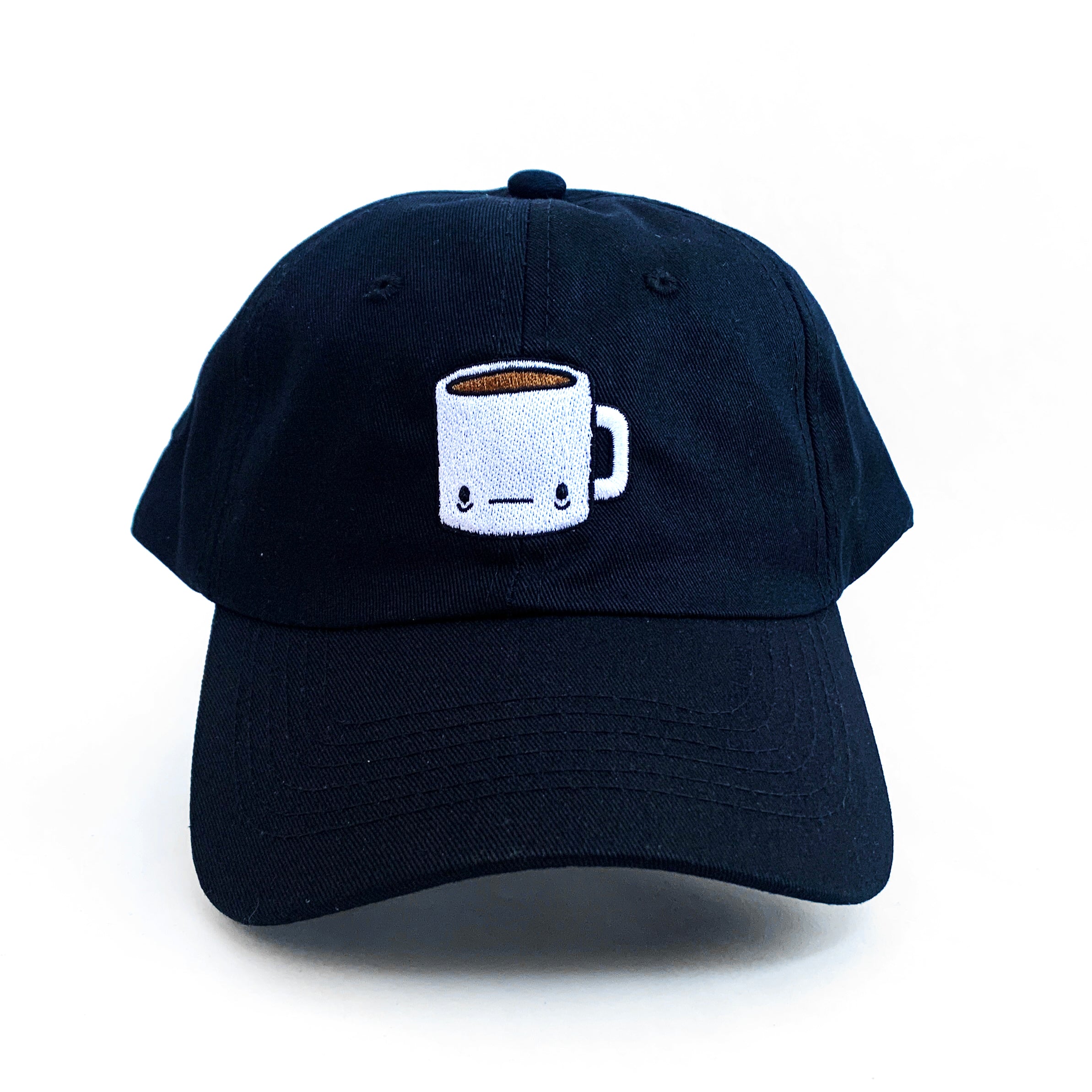 Black baseball cap with a tired-looking coffee mug embroidered on the front.