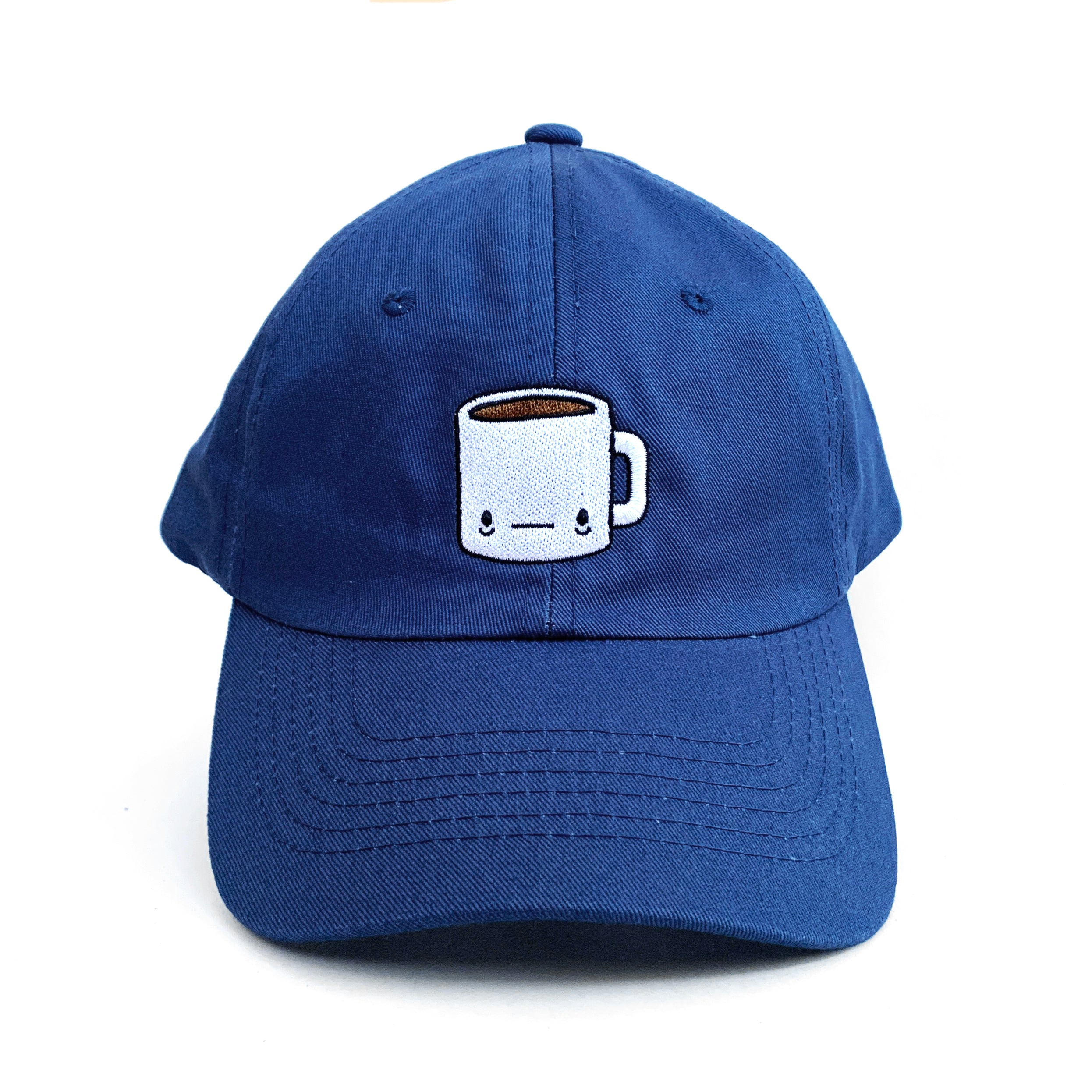 Navy blue baseball cap with a tired-looking coffee mug embroidered on the front.