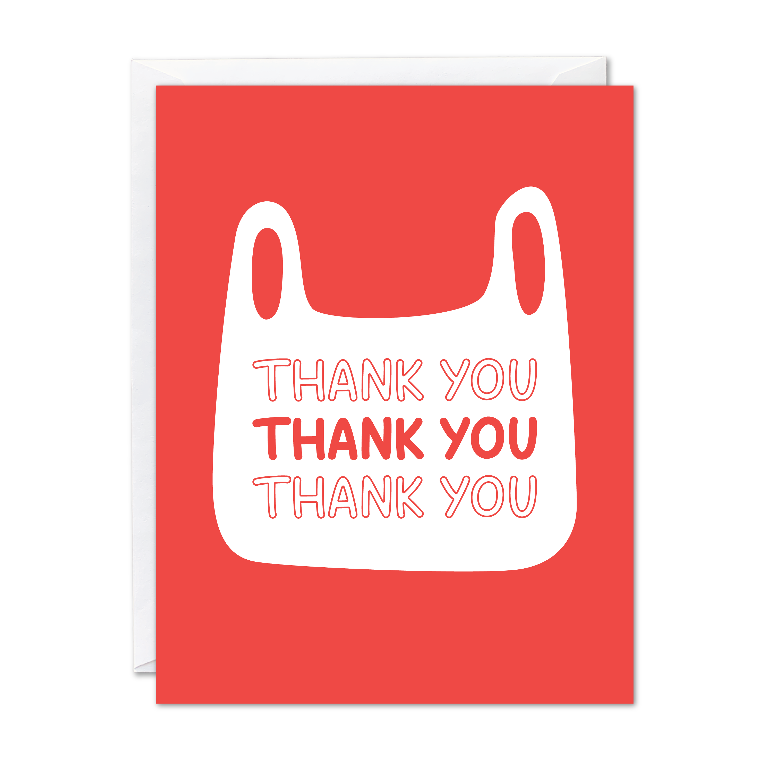 Greeting card design with red background, featuring a plastic back with "Thank you" written on it 3 times. Paired with a white envelope.